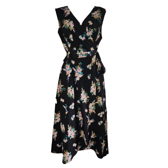 Eshakti Dress Womens Plus Size 1X/18W Black Yellow Floral Wrap Sleeveless Cute - Picture 1 of 7